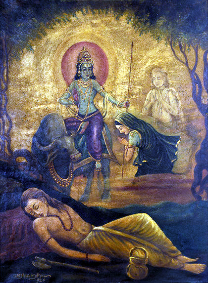 Yama returns satyavan's soul and blesses savitri, painting by m. v. dhurandhar 1924